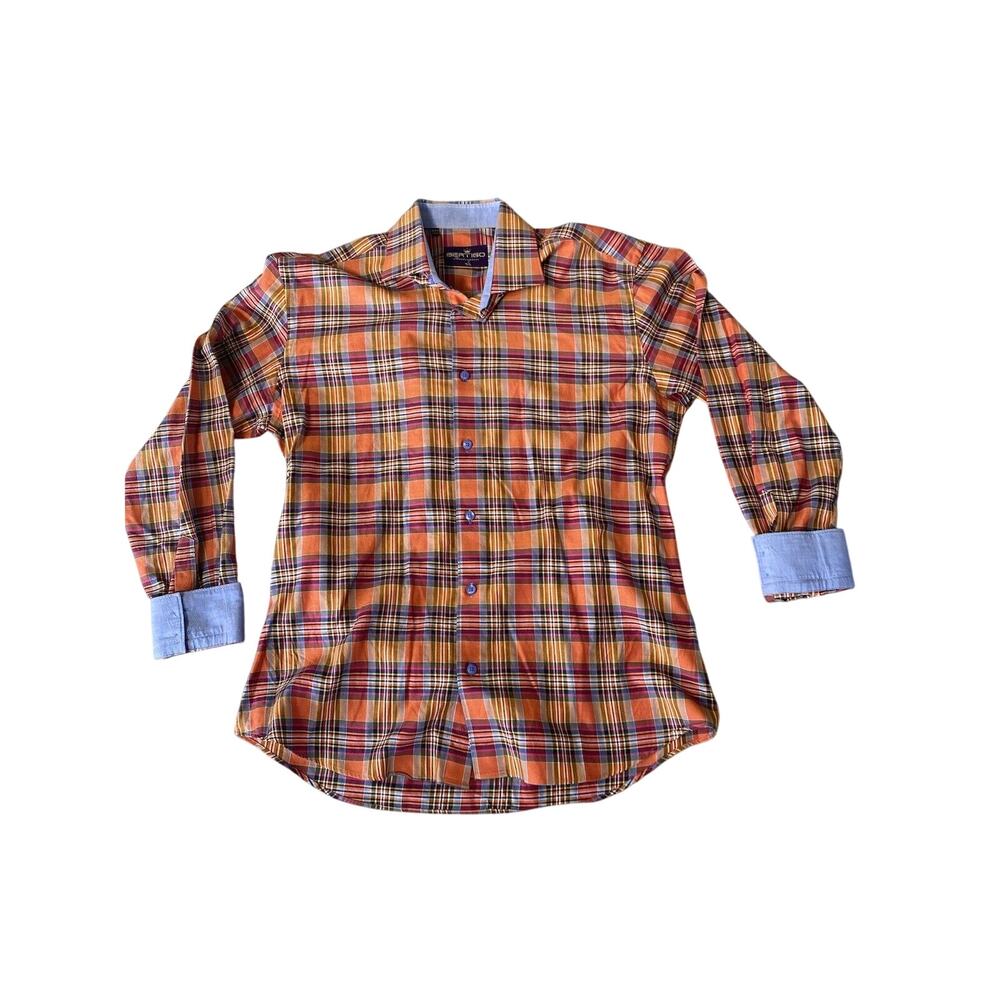 Bertigo Masterpiece Shirt Men Orange Plaid Long Sleeve Cotton Flip Cuff Large